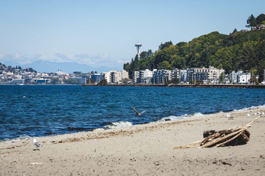 View of Seattle and Space Needle from Alki Beach, one of the best things to do in Seattle