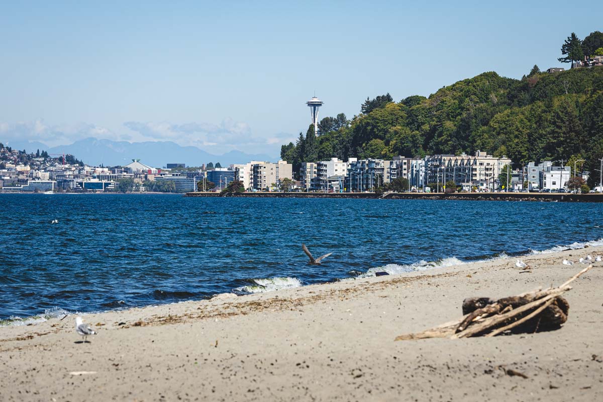 View from Alki Beach across to apartments in Seattle and the space needle in the distance. 