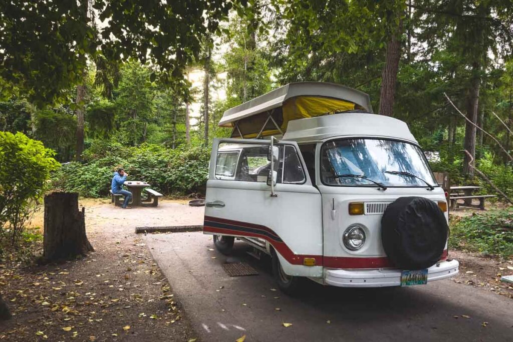 RV parked at Dash Point State Park Campground, Seattle