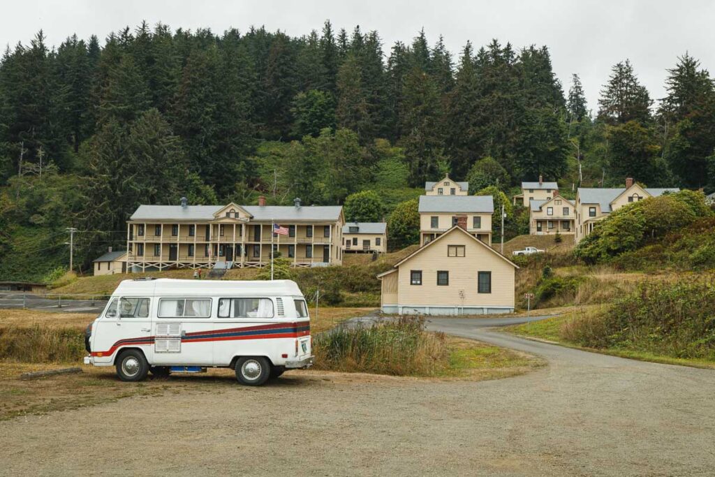 RV and buildings at Fort Columbia one of the best Washington state parks