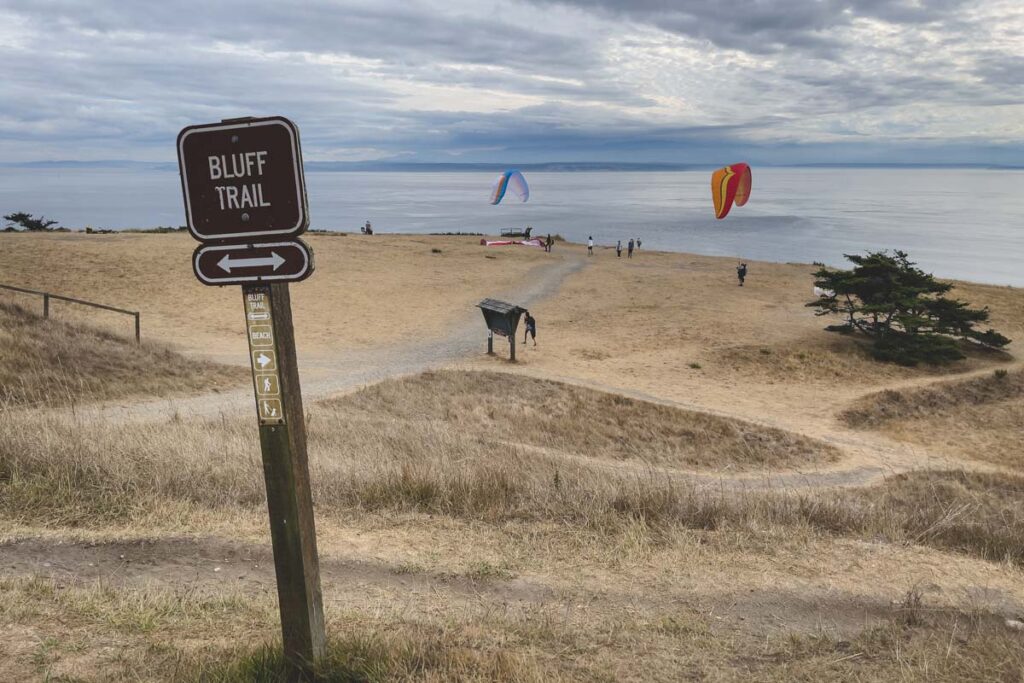 Sign for Bluff Trail on beach at Fort Ebey State Park, Washington