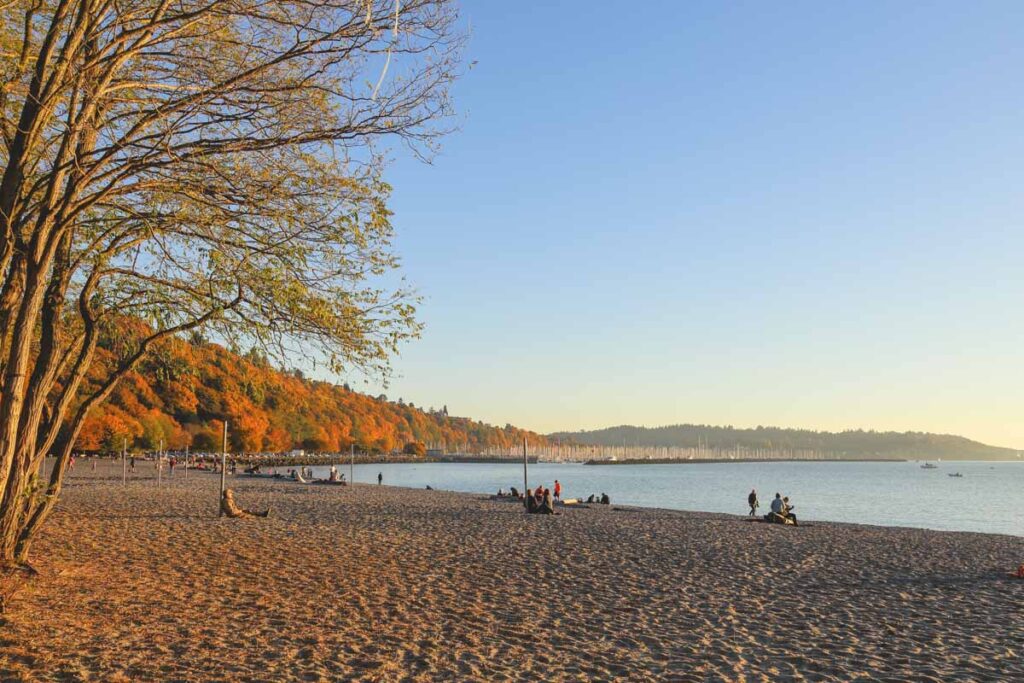 People on the shoreline of Golden Gardens Beach near Seattle.