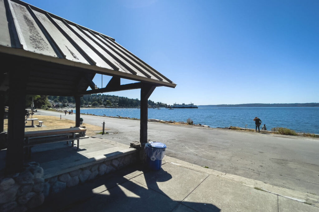 Picnic shelter near the water at Lincoln Park in Seattle