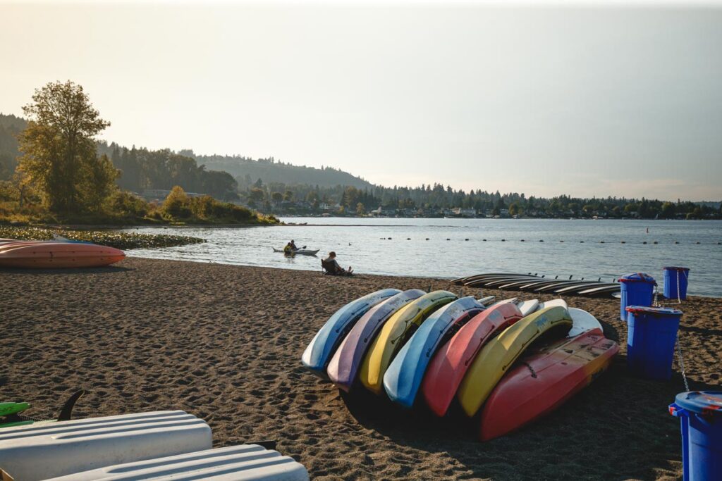 Kayaks on Tibbetts Beach in Seattle