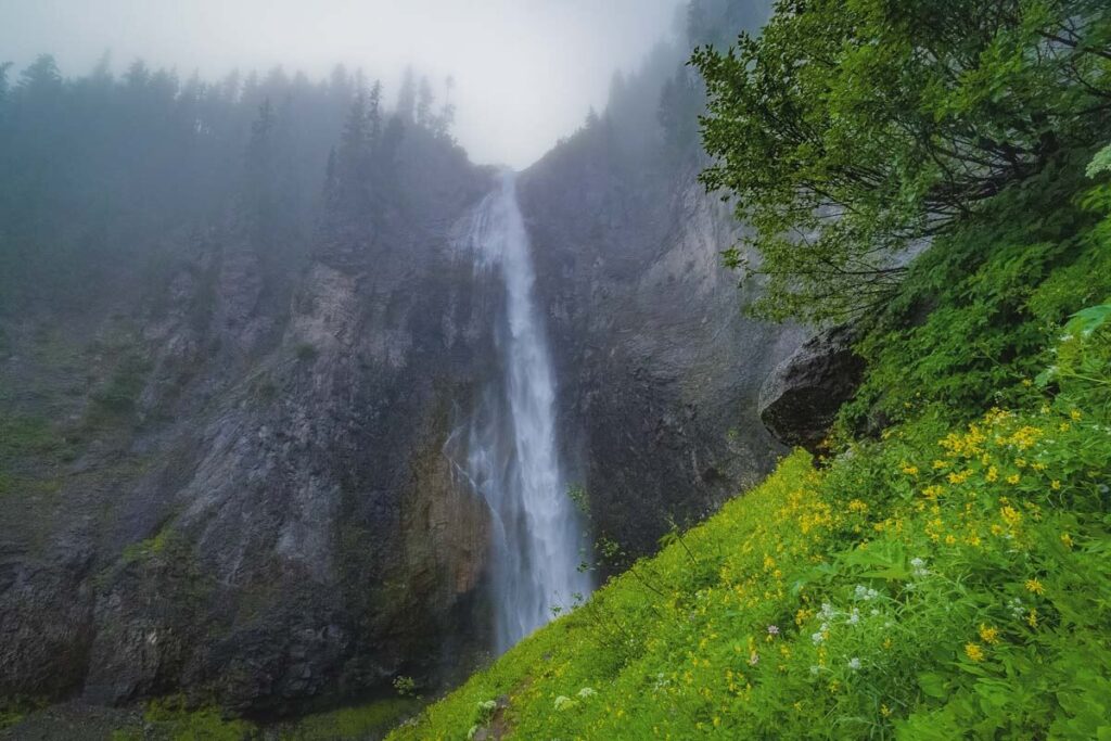 Misty view of Comet Falls near Seattle