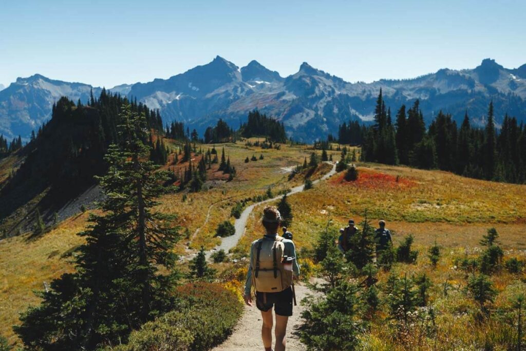 Hiker walking downhill on the Skyline Loop Trail