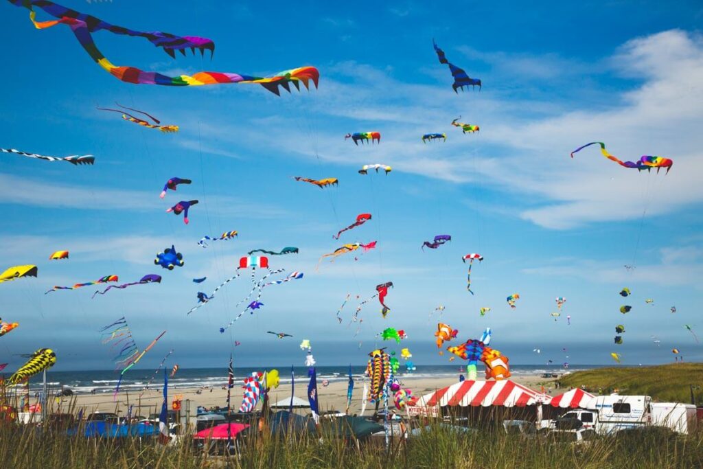 Kites flying over beach at Long Beach, Washington