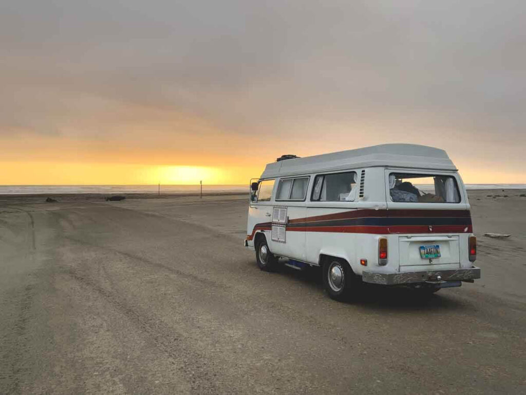 RV on the beach at Ocean City State Park at sunset