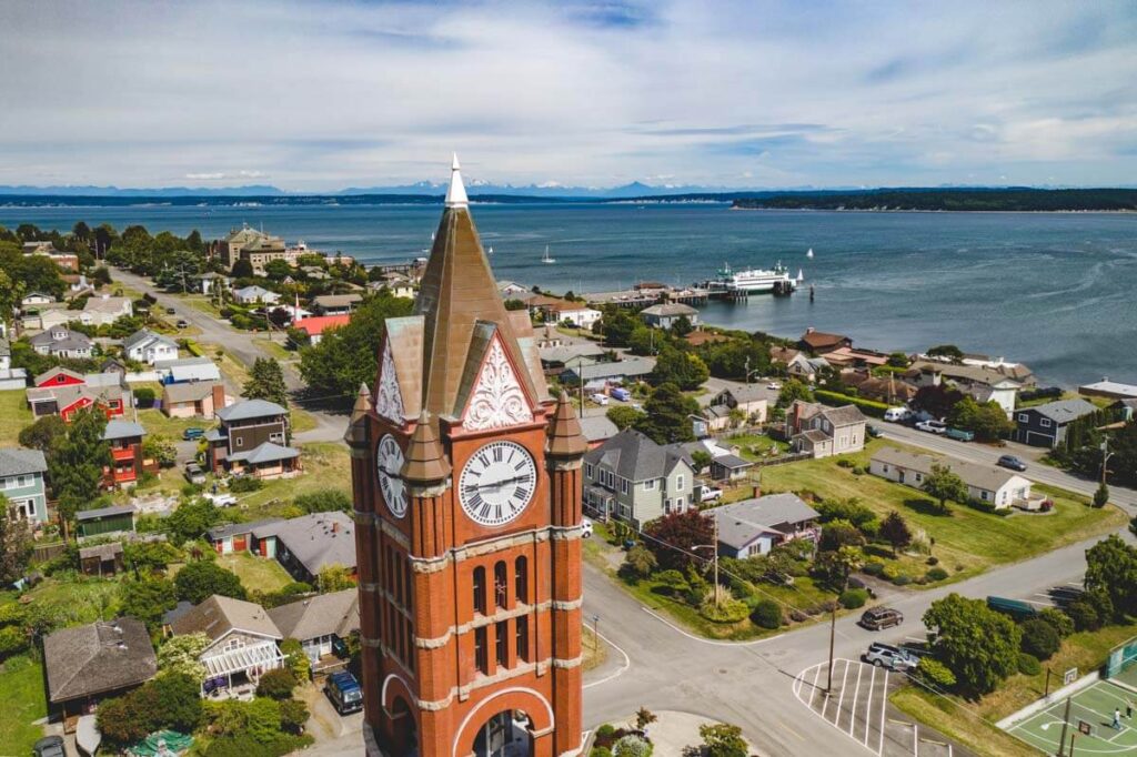 Clocktower and sea view in Port Townsend, Washington