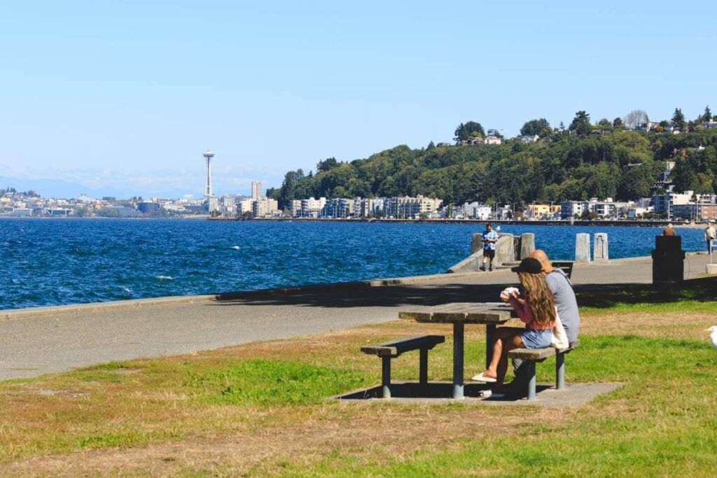 Park bench with city view in Seattle, Washington