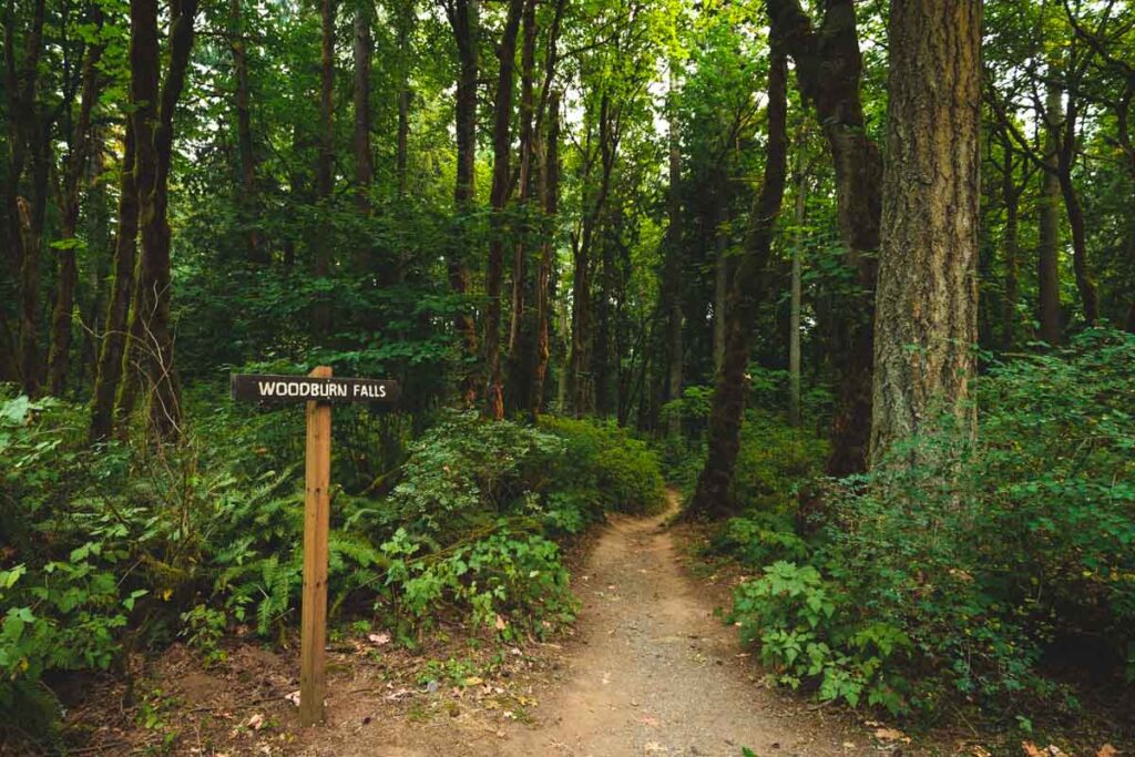 Signpost for Woodburn Falls Trail in Lacamas Park