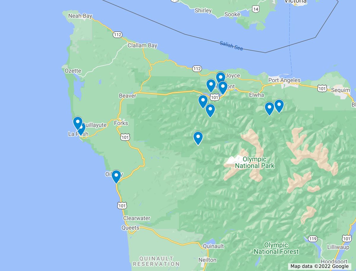 A map of all the hikes in Olympic National Park.