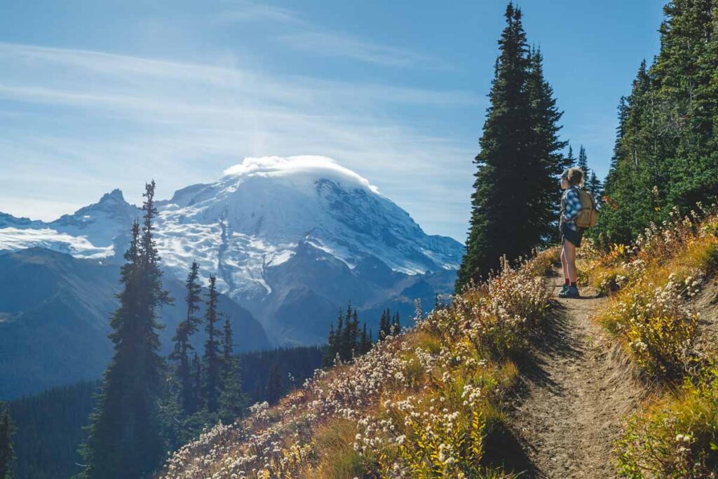 Hiker on Dege Peak Hike Mount Rainier Trails