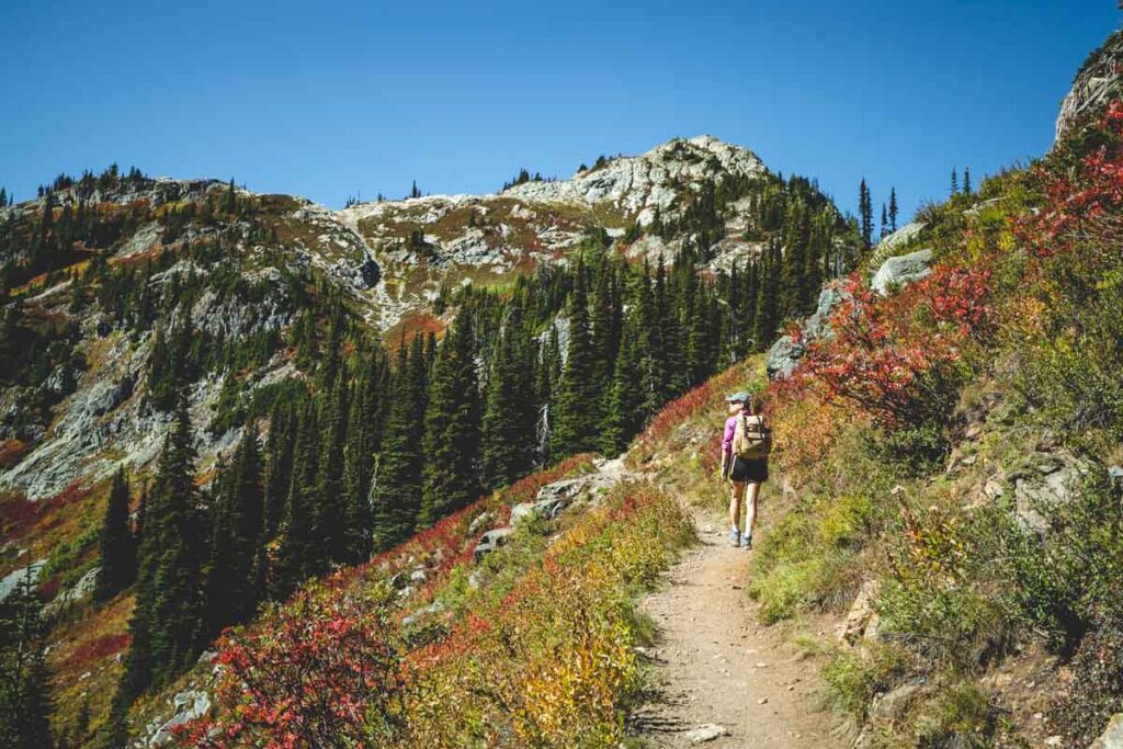 Hiker ascending Maple Pass Trail