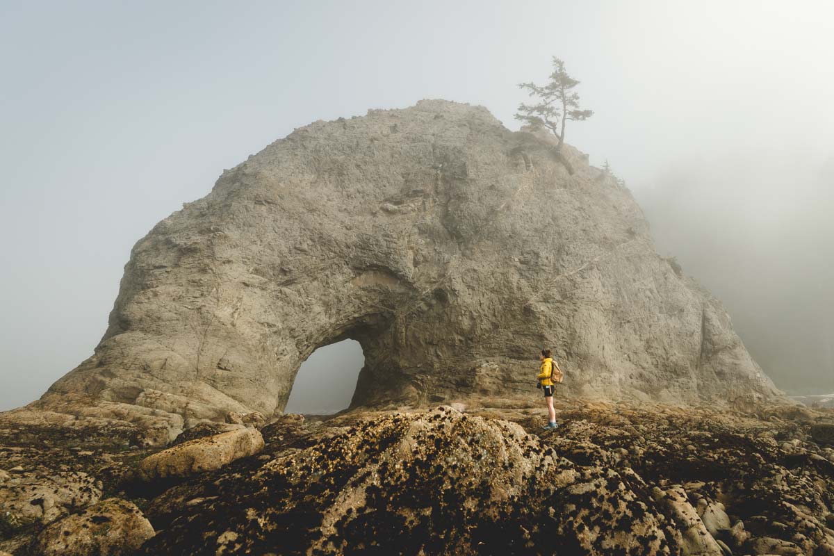 Nina in a yellow jacket standing besides the Hole in the Wall at Rialto Beach on an incredibly foggy day.