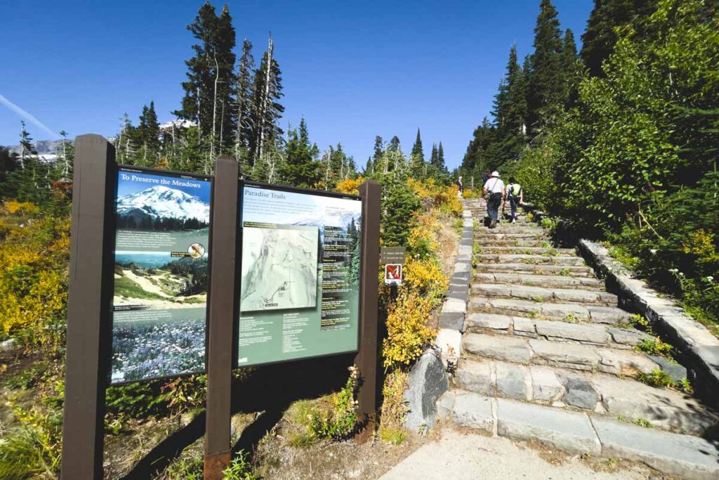 Trail sign for the Nisqually Vista Hike Mount Rainier trails