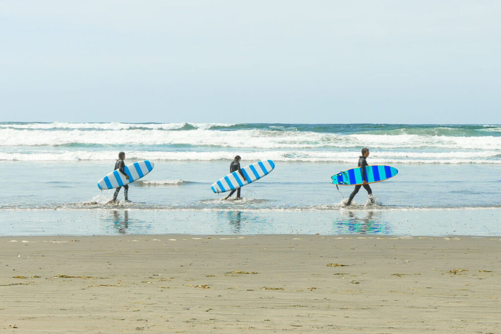 Three surfers walking along the oceans edge in Westport carrying their surfboards.