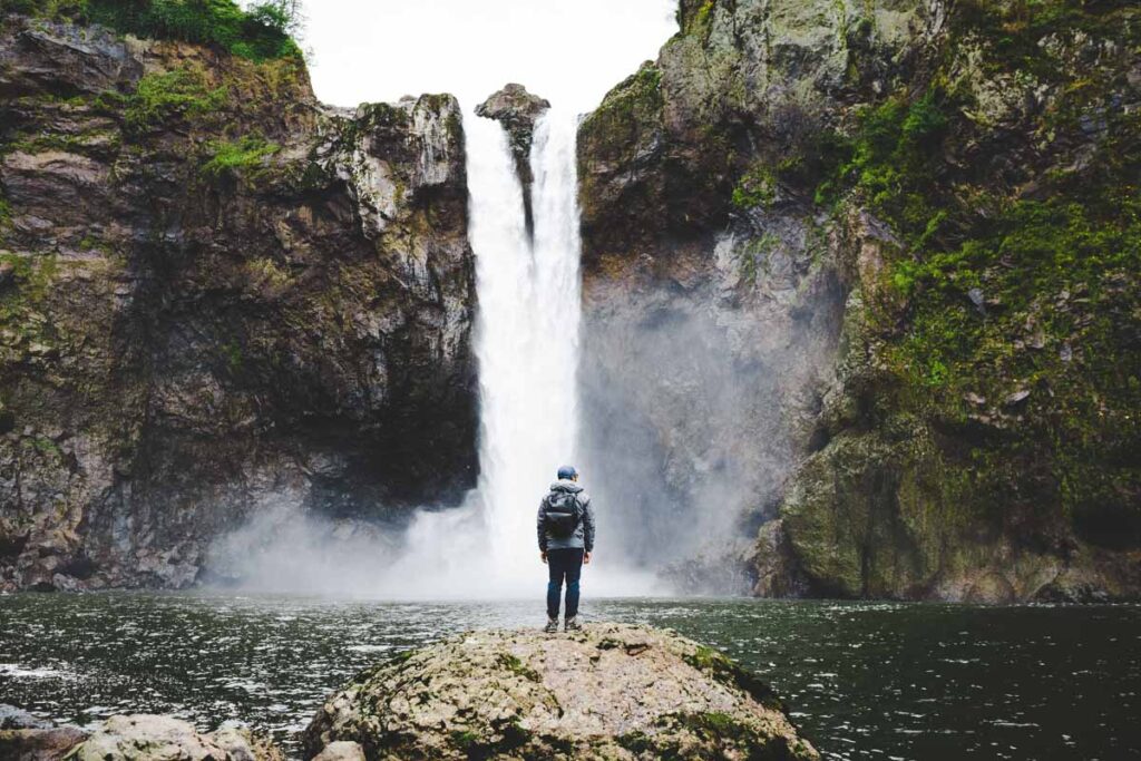 Hiker at the bottom of the Snoqualmie Falls Hike