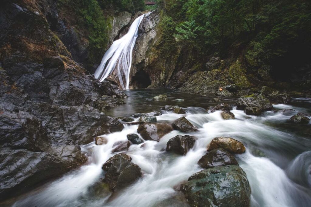 A long exposure of Twin Falls in the distance and the river leading down from the falls.