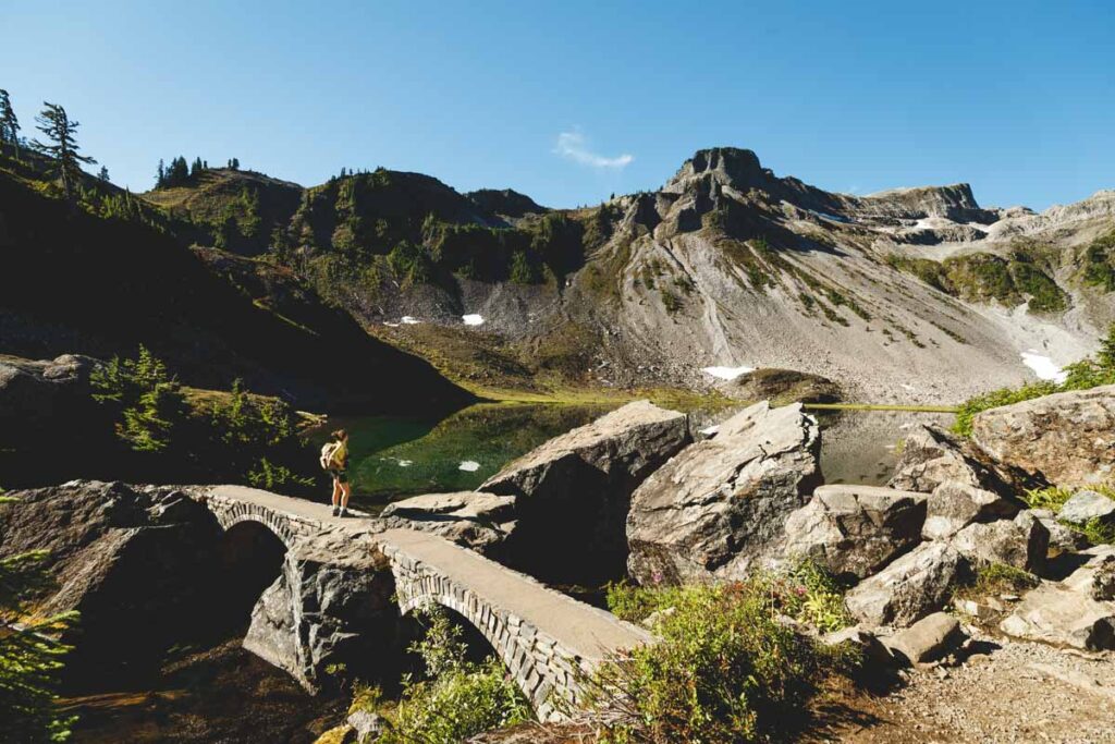 Hiker viewing Bagley Lake on the Chain Lakes Loop