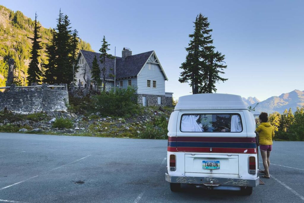 RV at Chain Lakes Loop parking lot and visitor center