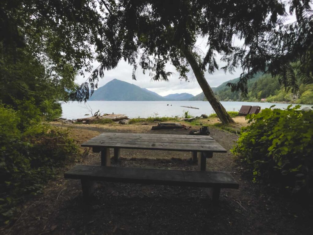 Picnic table at East Beach on Lake Crescent
