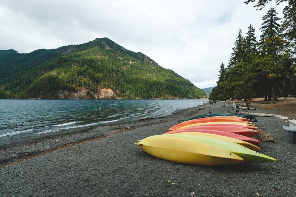 The kayaks are lined up and ready on Lake Crescent Beach.