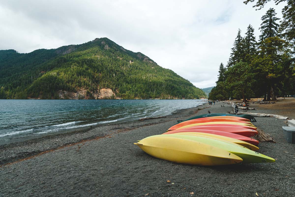 Kayak rentals lined up along the beach at Lake Crescent Lodge with a view of trees and mountains.