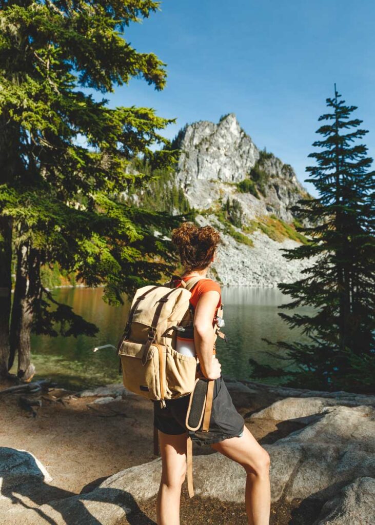 Hiker on the Lake Valhalla Trail one of the best lakes in Washington