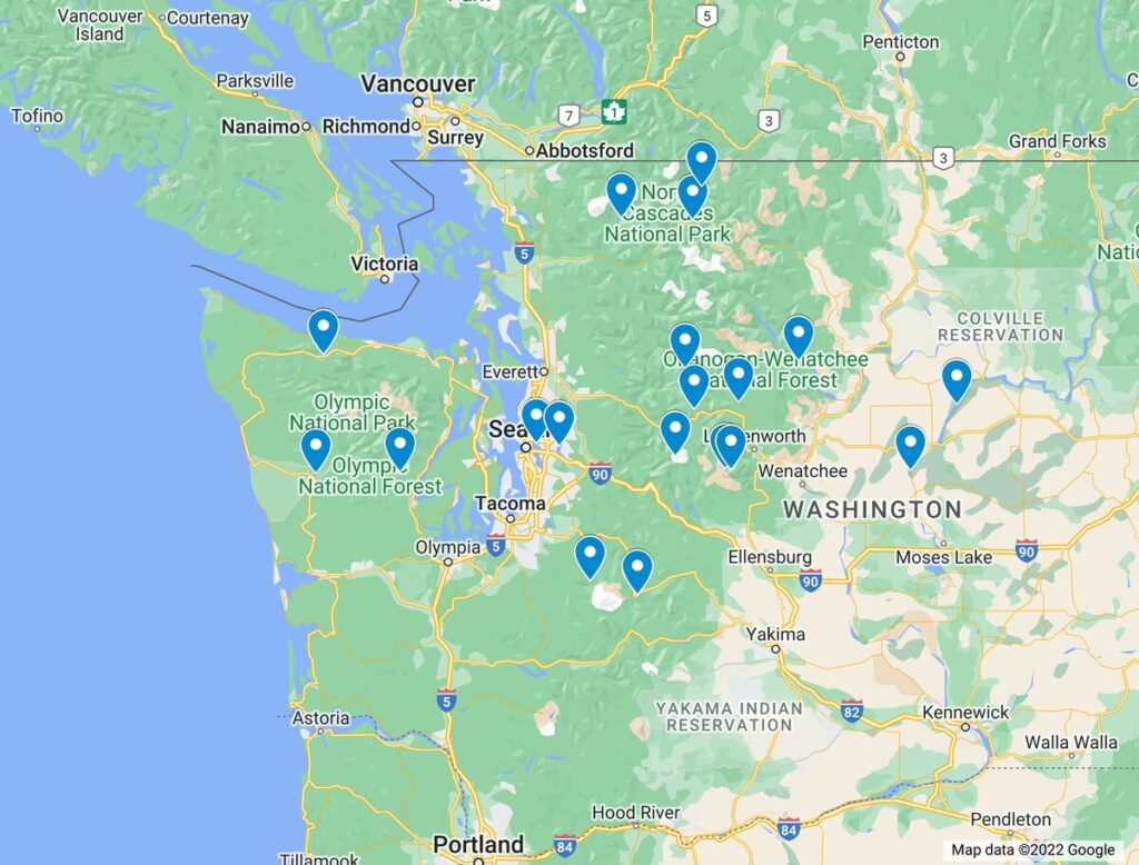 Map of lakes in Washington state