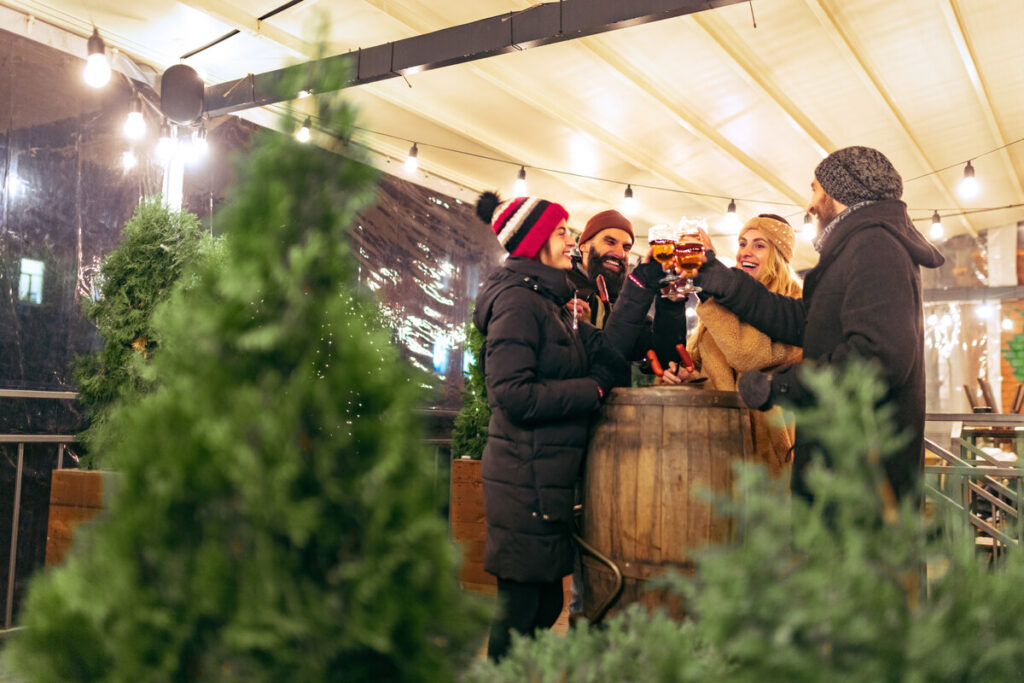 People enjoying Christmas drinks in winter in Washington