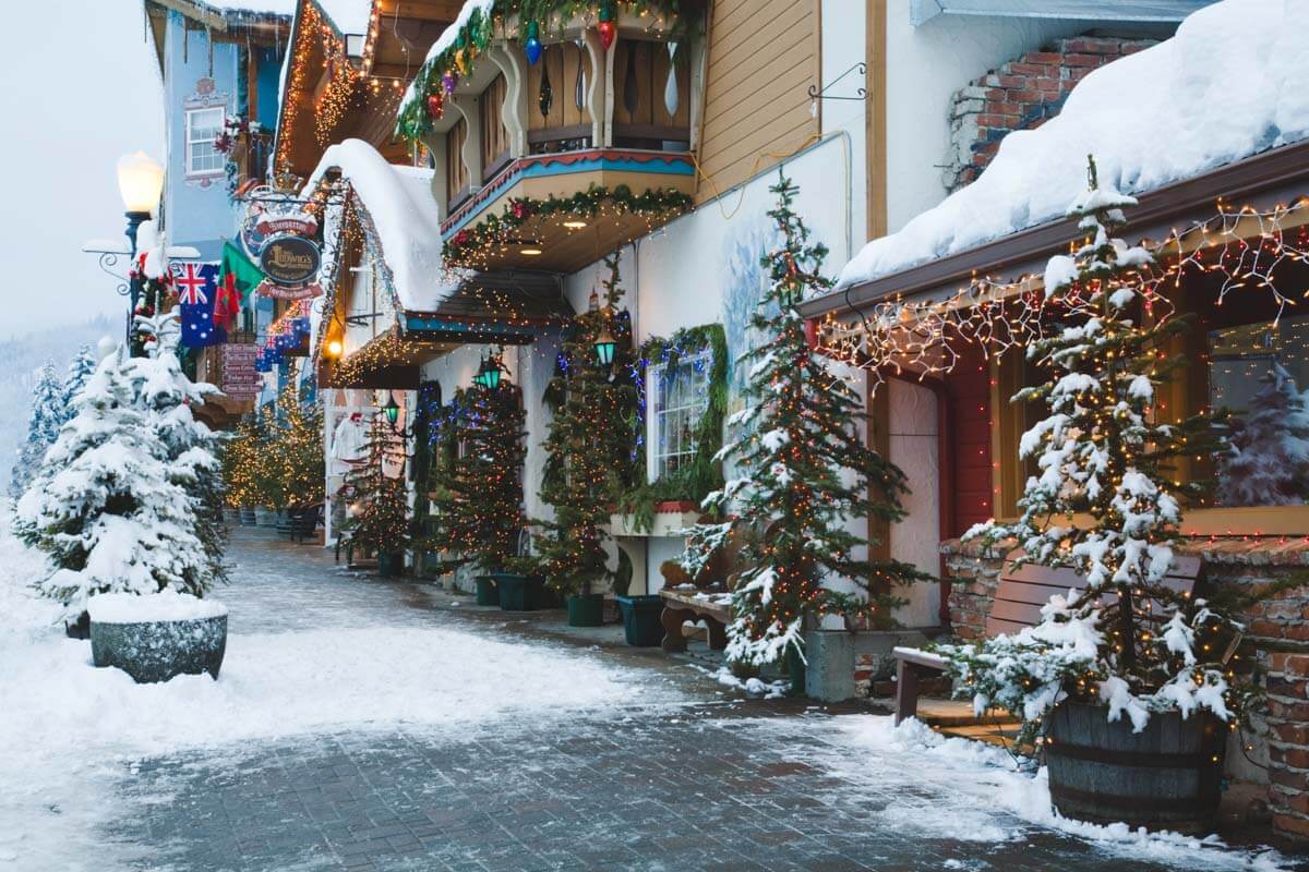 Christmas decorations in Leavenworth, Washington in winter