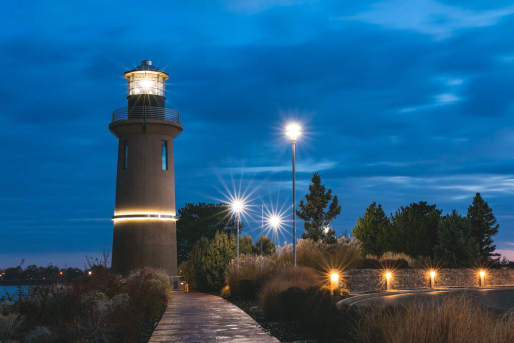 Seeing Clover Island Lighthouse lit up at night in Walla Walla.
