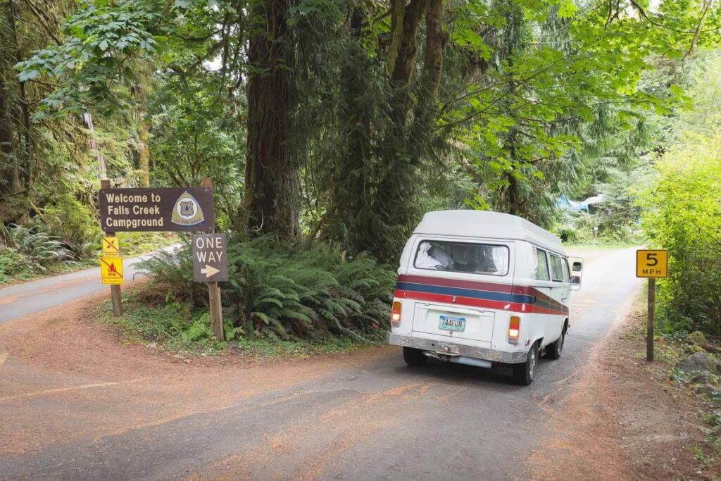 RV on road to Falls Creek Campground at Lake Quinault