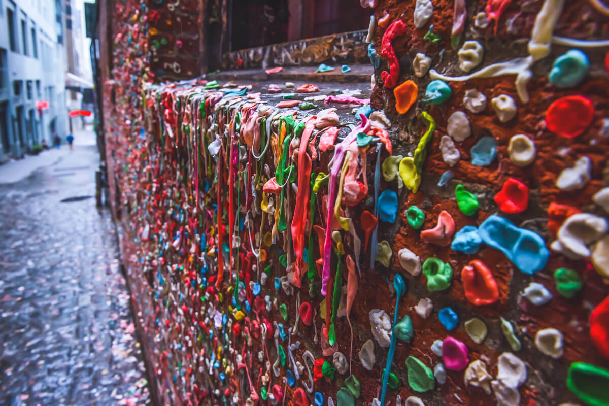 A wall in Seattle that's completely covered in different colored gum.