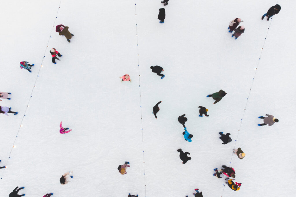 Overhead veiw of ice skating rink in Seattle, Washington in winter