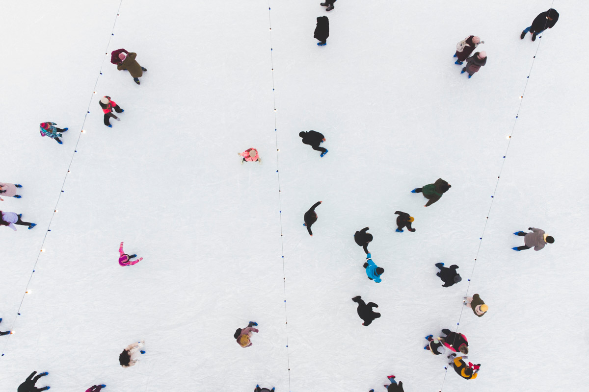 Overhead view of people enjoying an ice skating rink in Seattle.