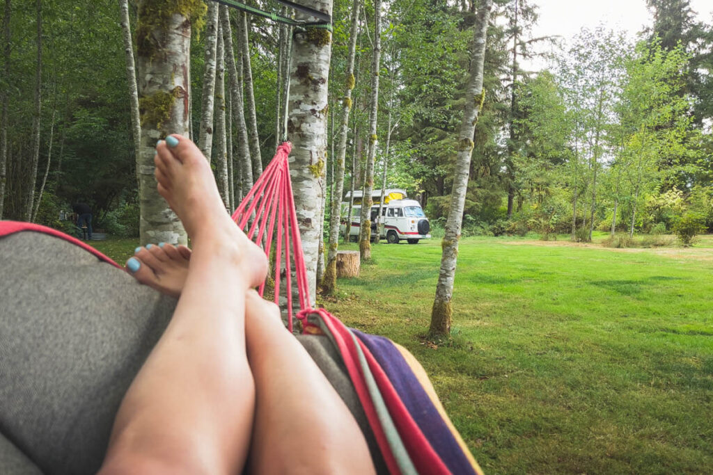 Laying in a hammock at campground Lake Quinault