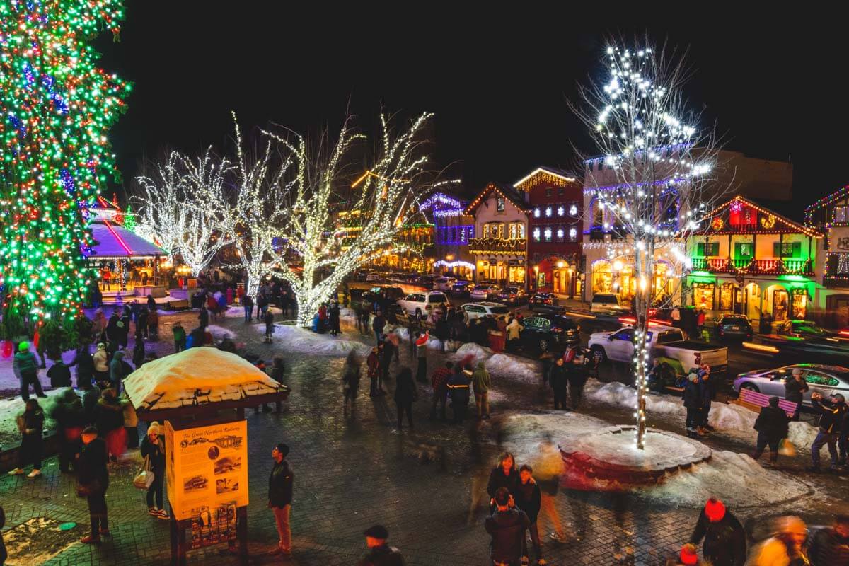 Christmas lights and tourists at the Leavenworth Christmas Markets.