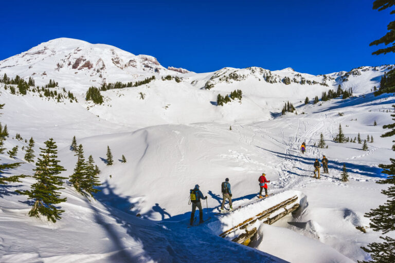 Snowshoeing at Mount Rainier National Park, Washington in winter