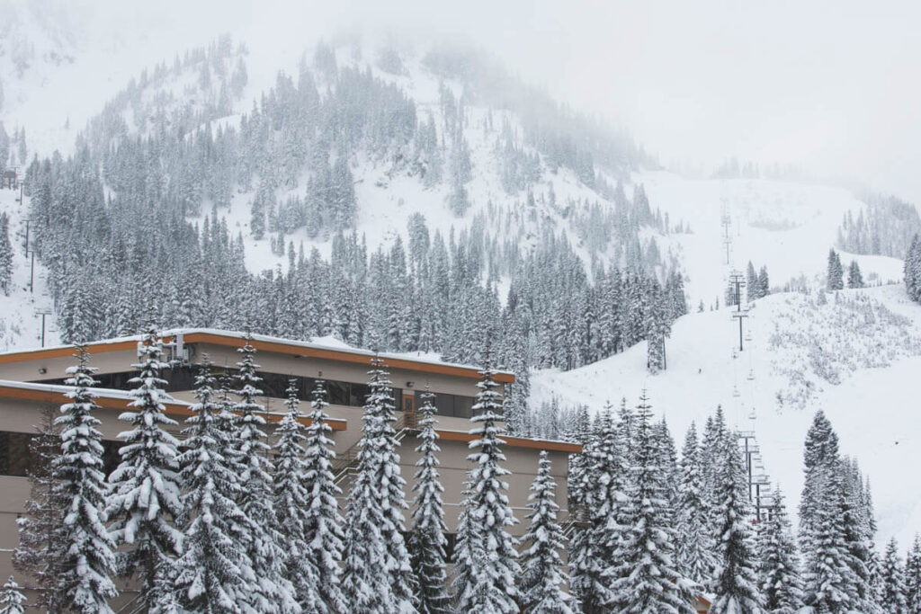 Snow falling on Stevens Pass Ski Resort, Washington in winter