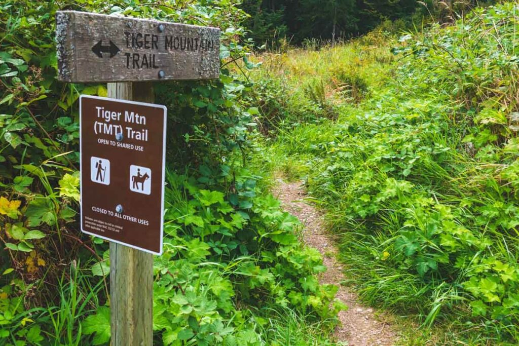 Sign for Tiger Mountain State Park Trail, for outdoor activities in Seattle