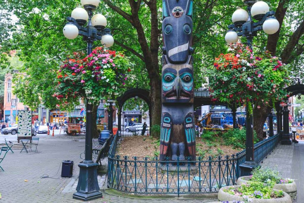 Totem pole at Pioneer Square for outdoor activities in Washington