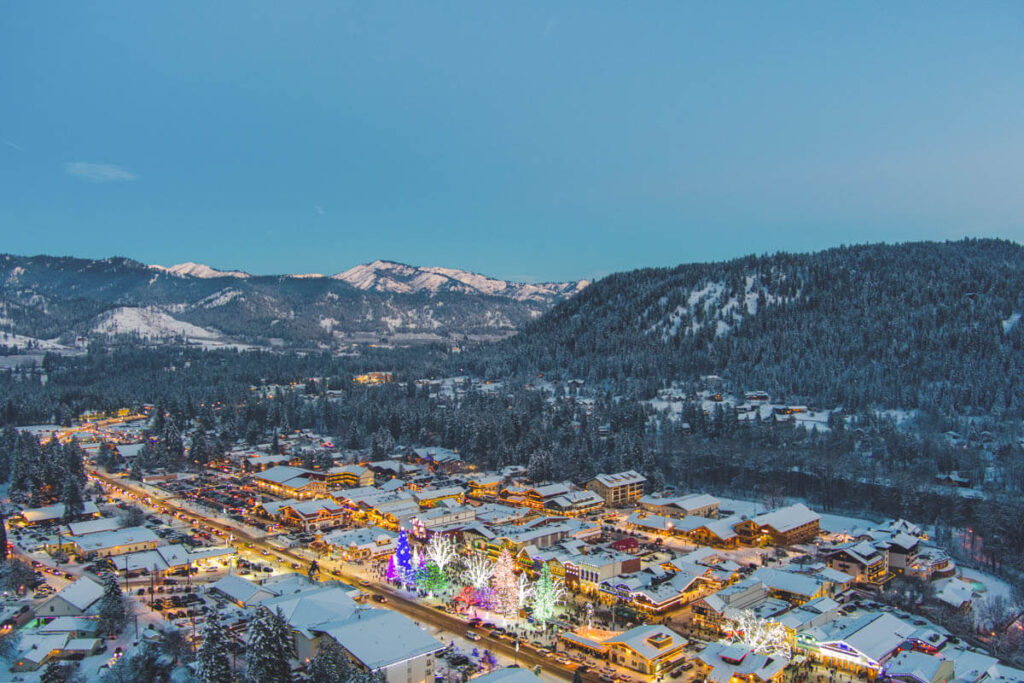Overhead view of Leavenworth, Washington in winter.