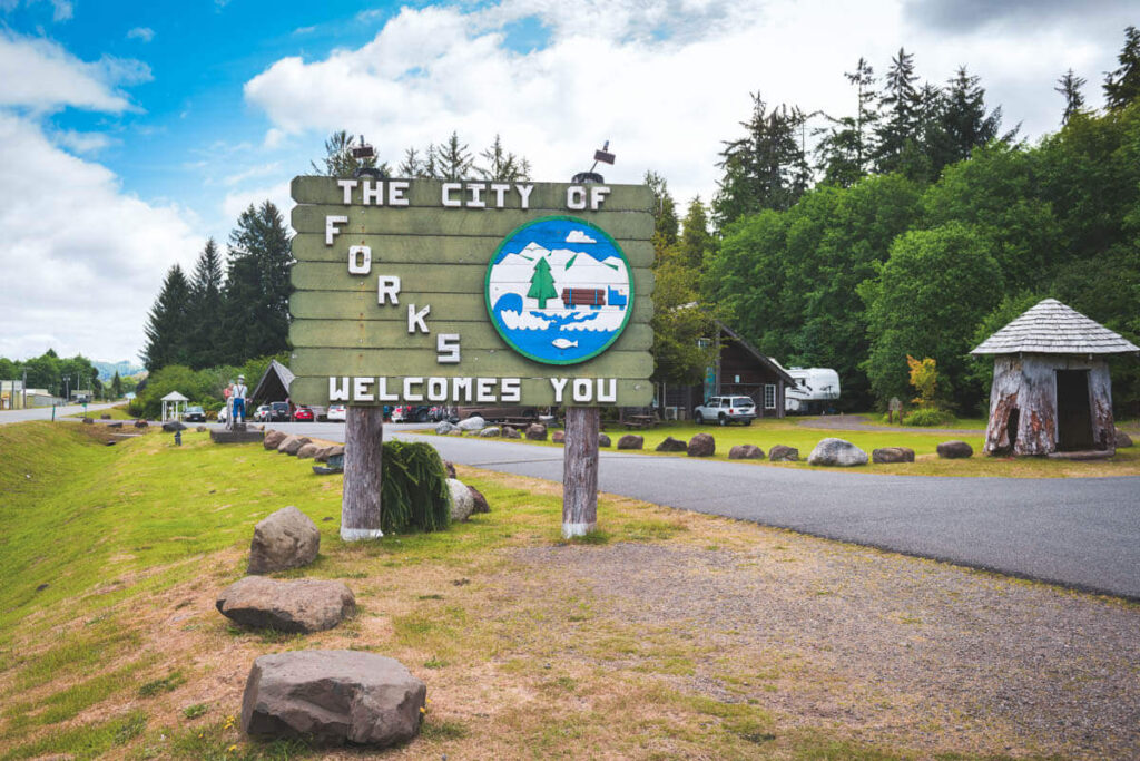 Sign for the town of Forks near La Push Beach, Washington