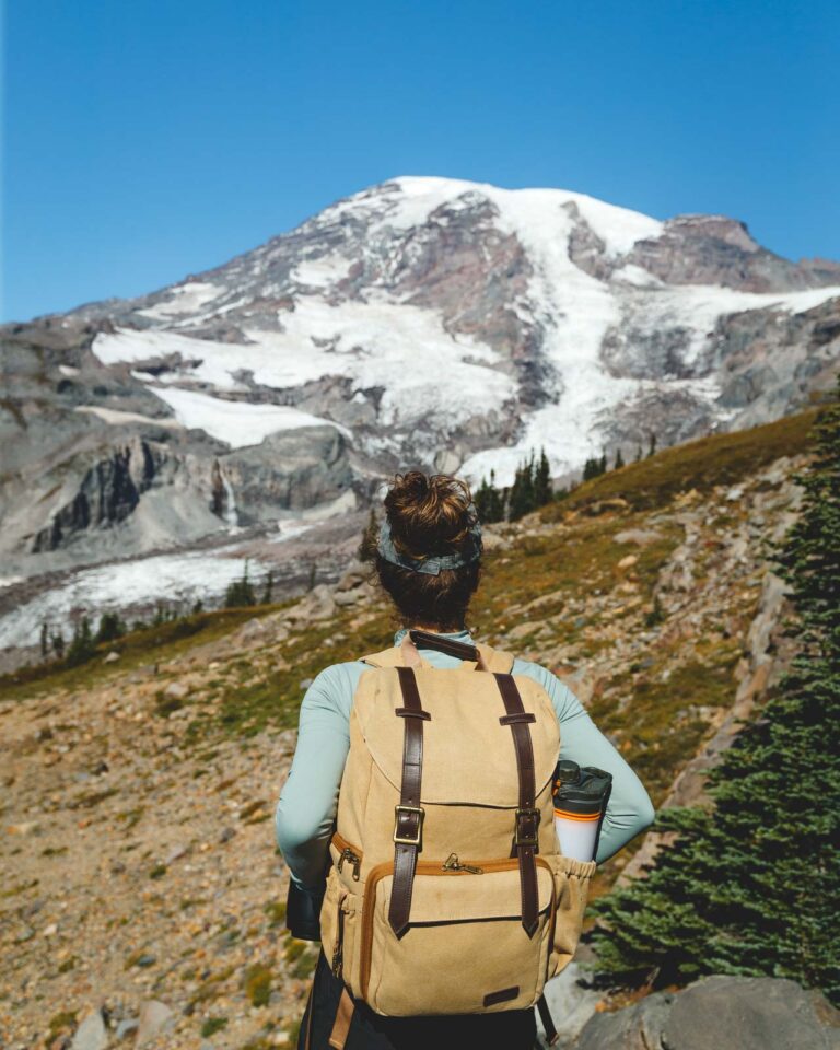 Nina on the Skyline trail in Washington's Mount Rainier National Park. There's a bit of snow on the top of Rainier