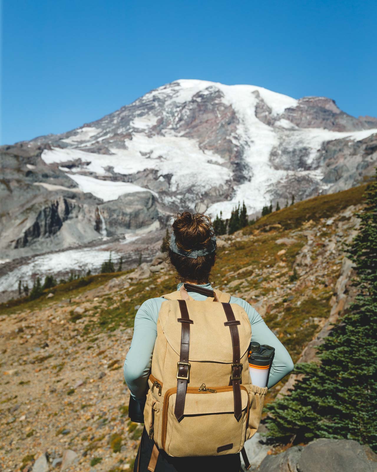 Nina on the Skyline trail in Washington's Mount Rainier National Park. There's a bit of snow on the top of Rainier