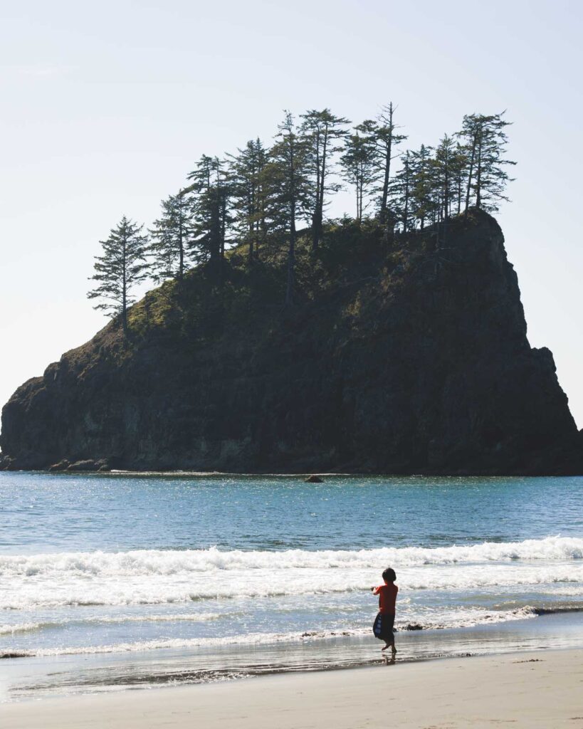 Second Beach with classic PNW forested rock islands off the coast.