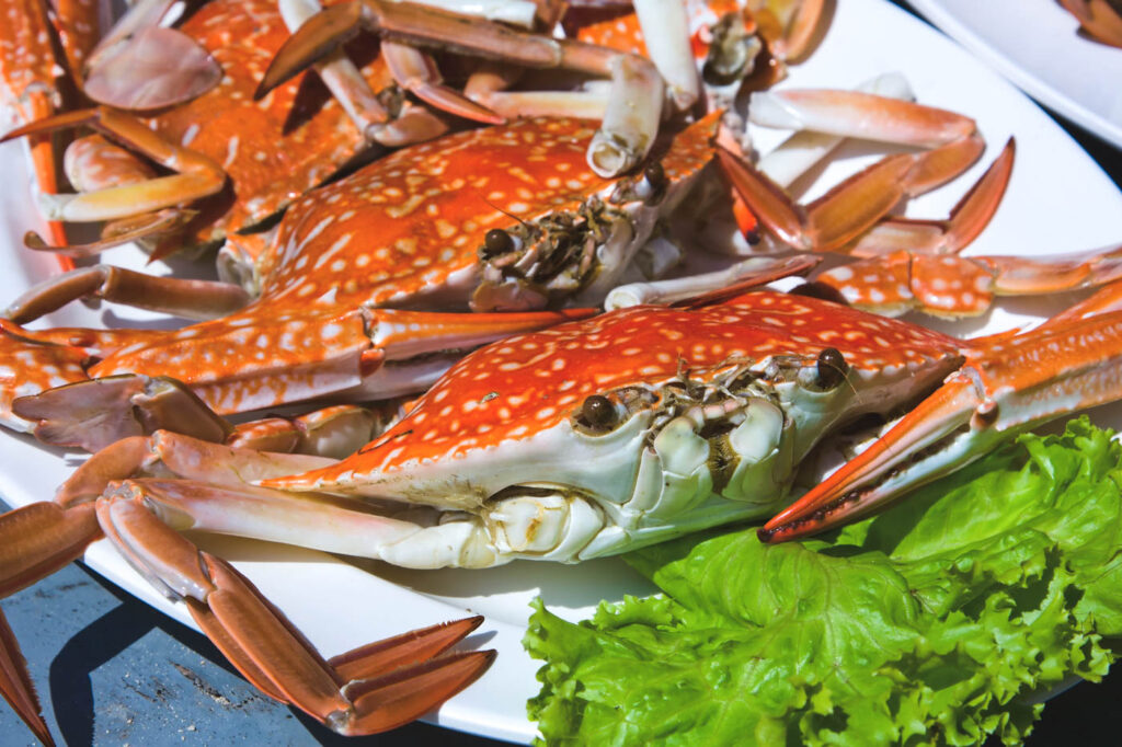 Cooked crabs lined up on a plate with lettuce.