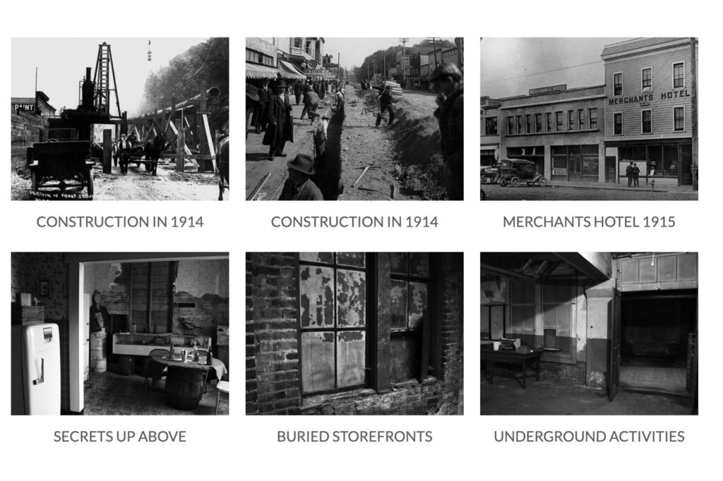 Black and white photos depicting Port Angeles in the past for the underground tour.